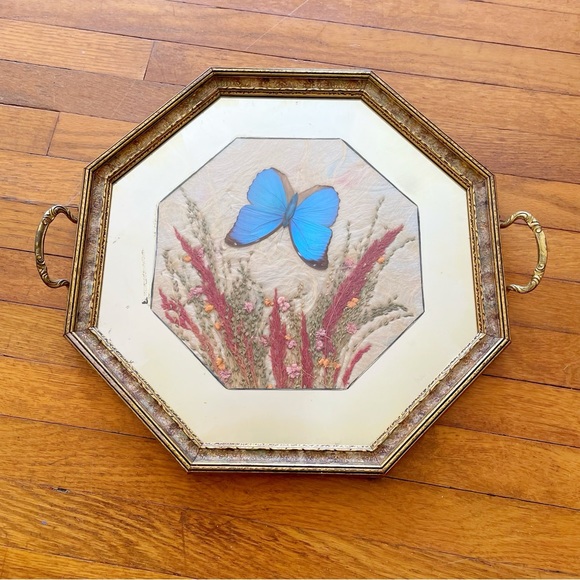ANTIQUE MORPHO BUTTERFLY PRESSED FLOWER 8 SIDED BOTANICAL TRAY WITH HANDLES